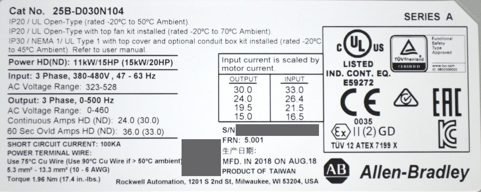 Allen-Bradley 25B-D030N104 PowerFlex 525 20HP Series A FRN: 5.001 2 Available