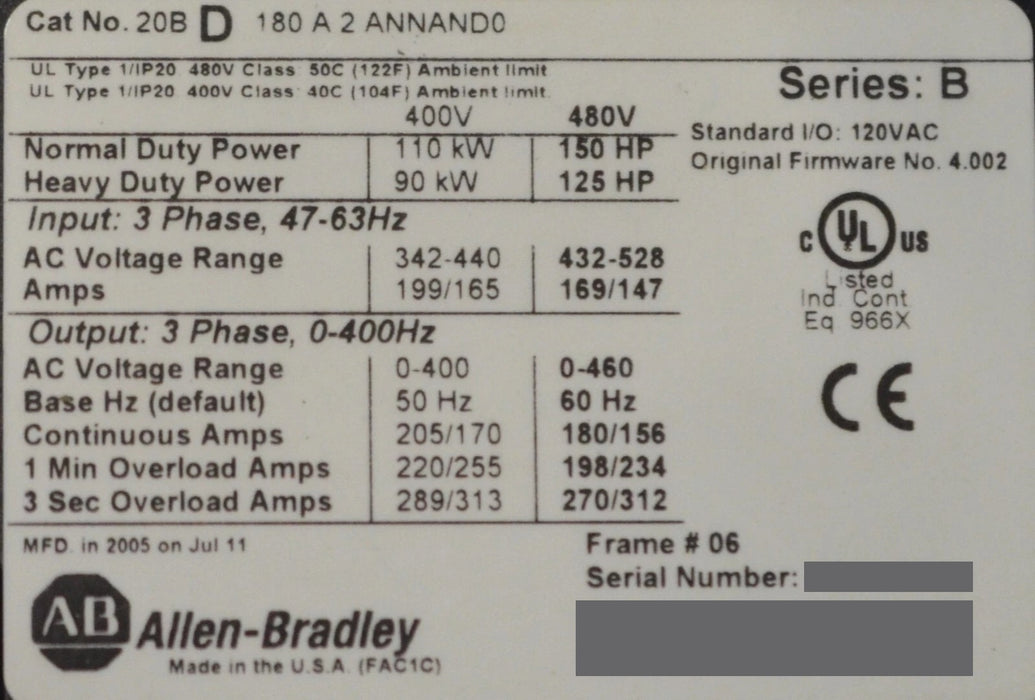 Allen-Bradley 20BD180A2ANNAND0 PowerFlex 700 150HP Series B LOW HOURS Drive VFD