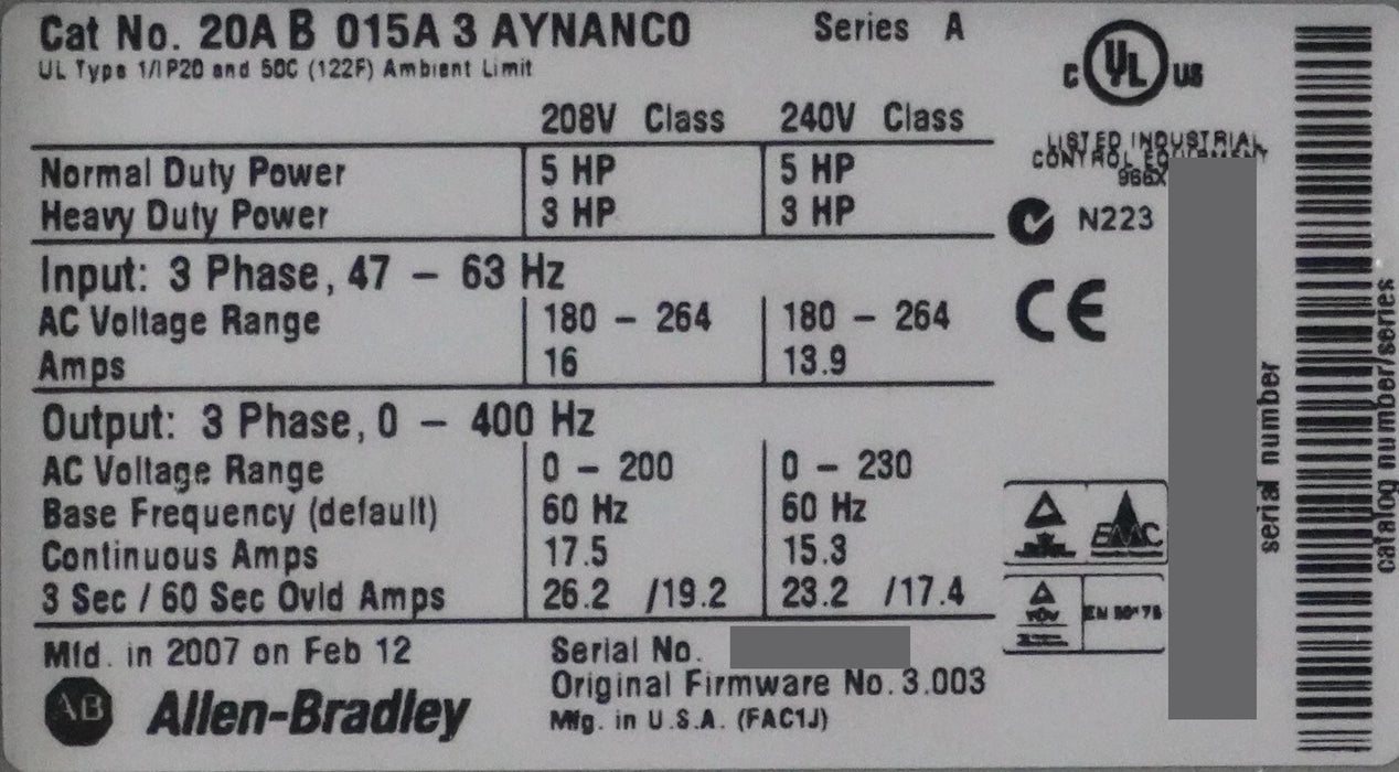 Low Hours Allen-Bradley PowerFlex 70 5HP 20AB015A3AYNANC0 240VAC FRN:3.003