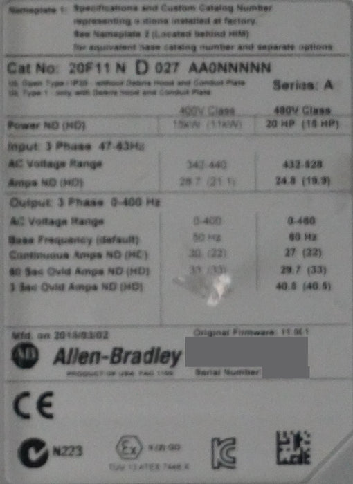 Allen-Bradley PowerFlex 753 20F11ND027AA0NNNNN 20HP 480 VAC FRN:11.001