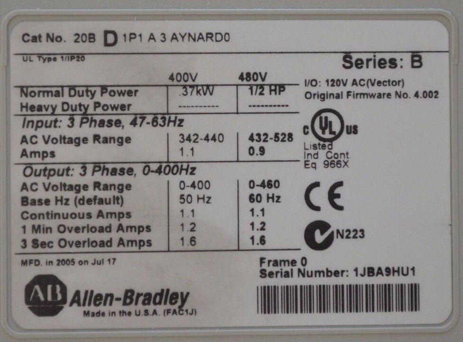 Allen-Bradley PowerFlex 700 1/2 HP 20BD1P1A3AYNARD0 480 VAC Excellent Tested