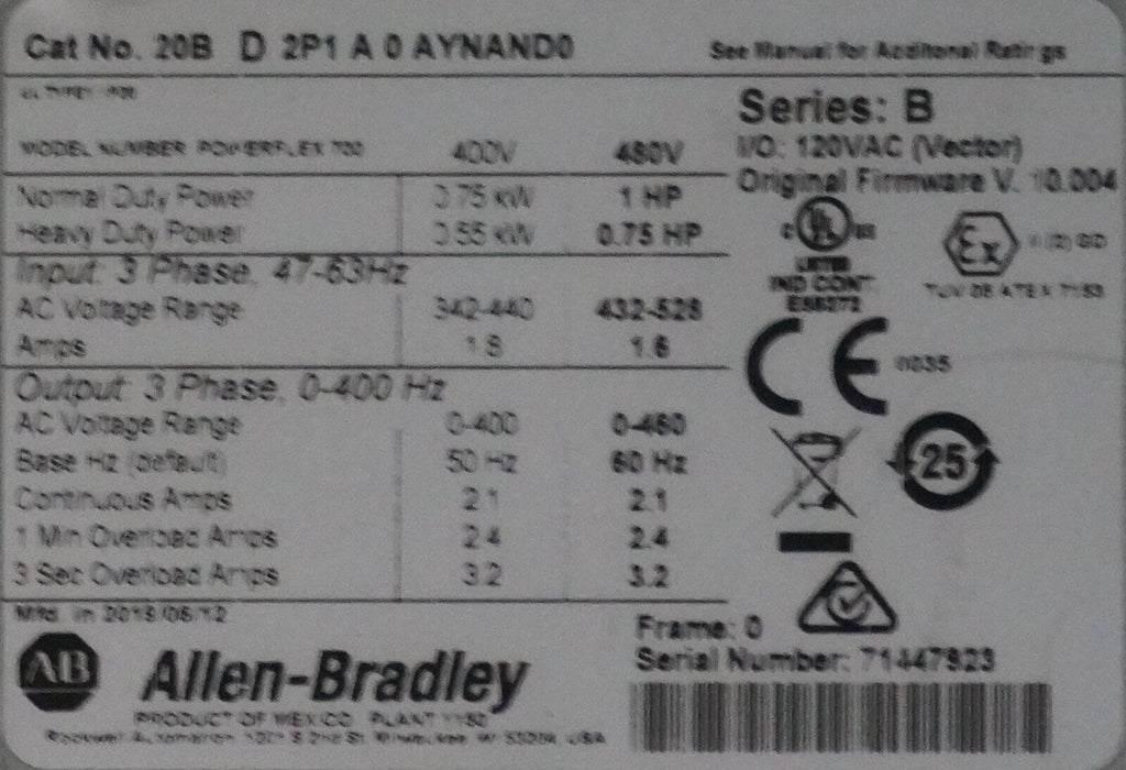 New Allen-Bradley PowerFlex 700 1HP 20BD2P1A0AYNAND0 480 VAC Series B FRN:10.004