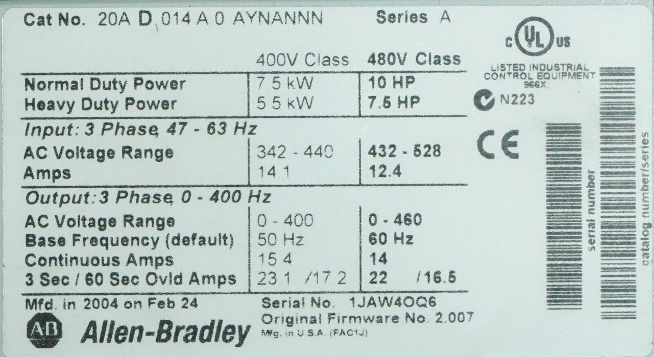 Allen-Bradley PowerFlex 70 10 HP 20AD014A0AYNANNN Series A FRN:2.008 Tested Good