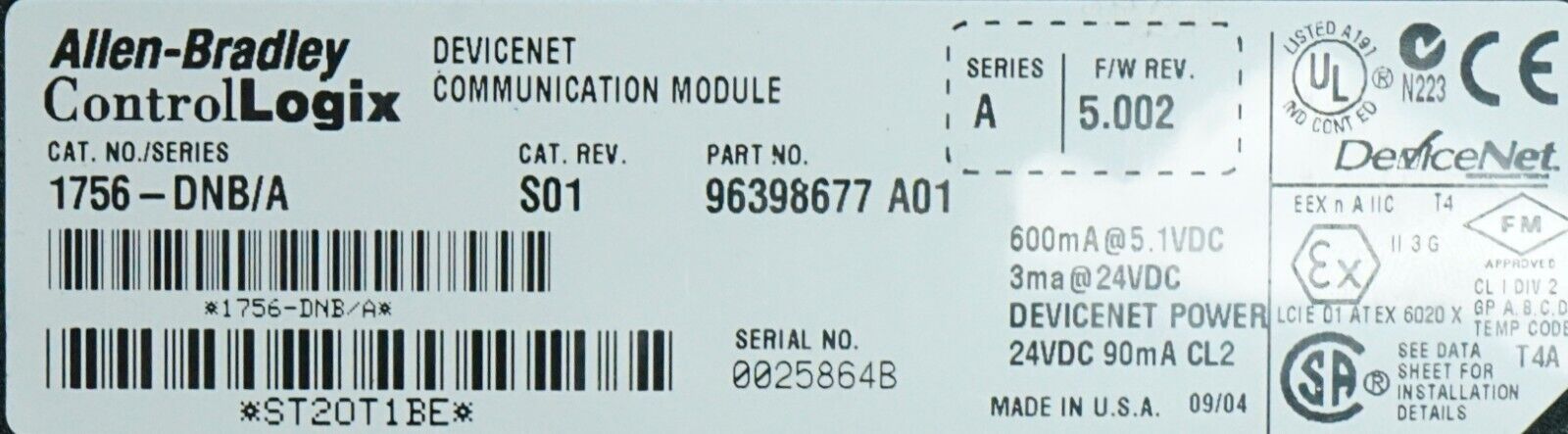 Allen-Bradley 1756-DNB/A Firmware:5.002 Devicenet Communication Bridge Module