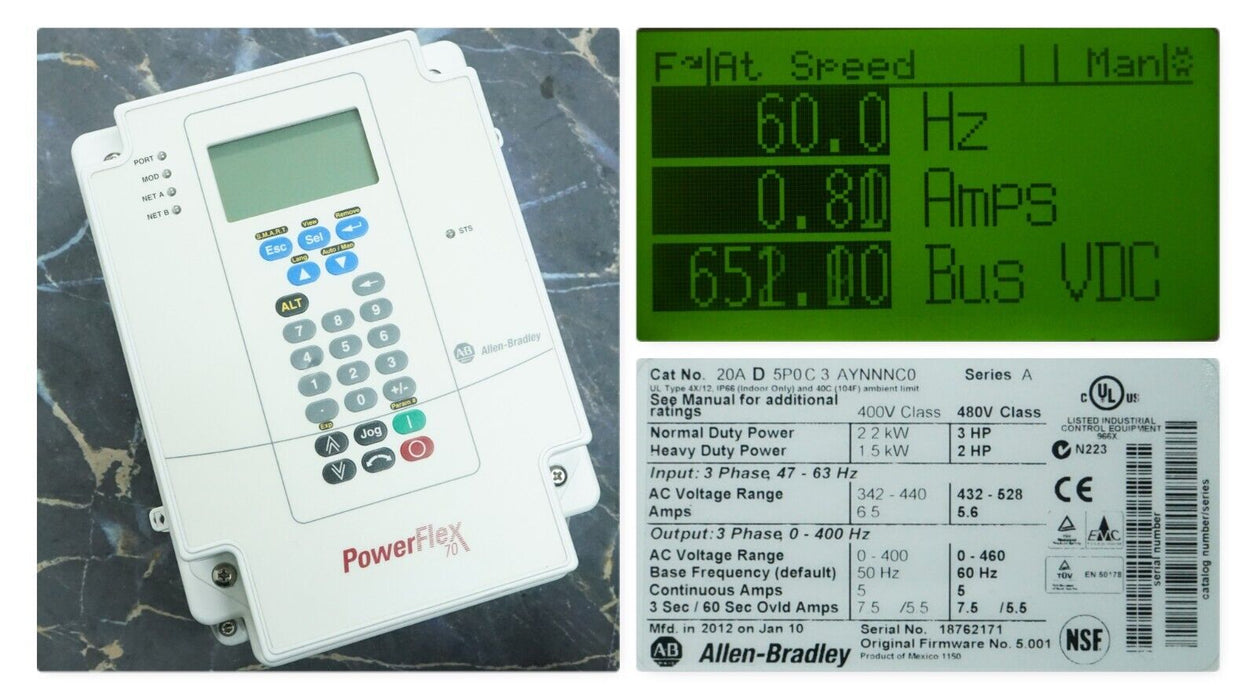 Low Hour Allen-Bradley PowerFlex 70 3HP 20AD5P0C3AYNNNC0 Tested Good FRN:5.001