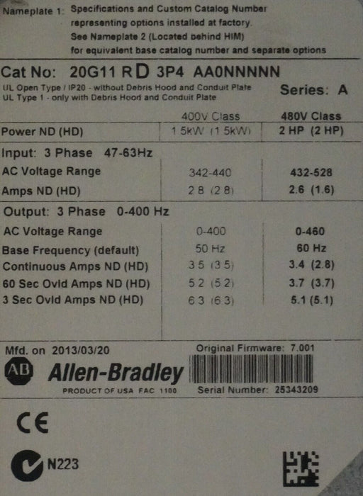 Allen-Bradley 20G11RD3P4AA0NNNNN PowerFlex 755 VFD 2 HP Series A FRN: 7.001