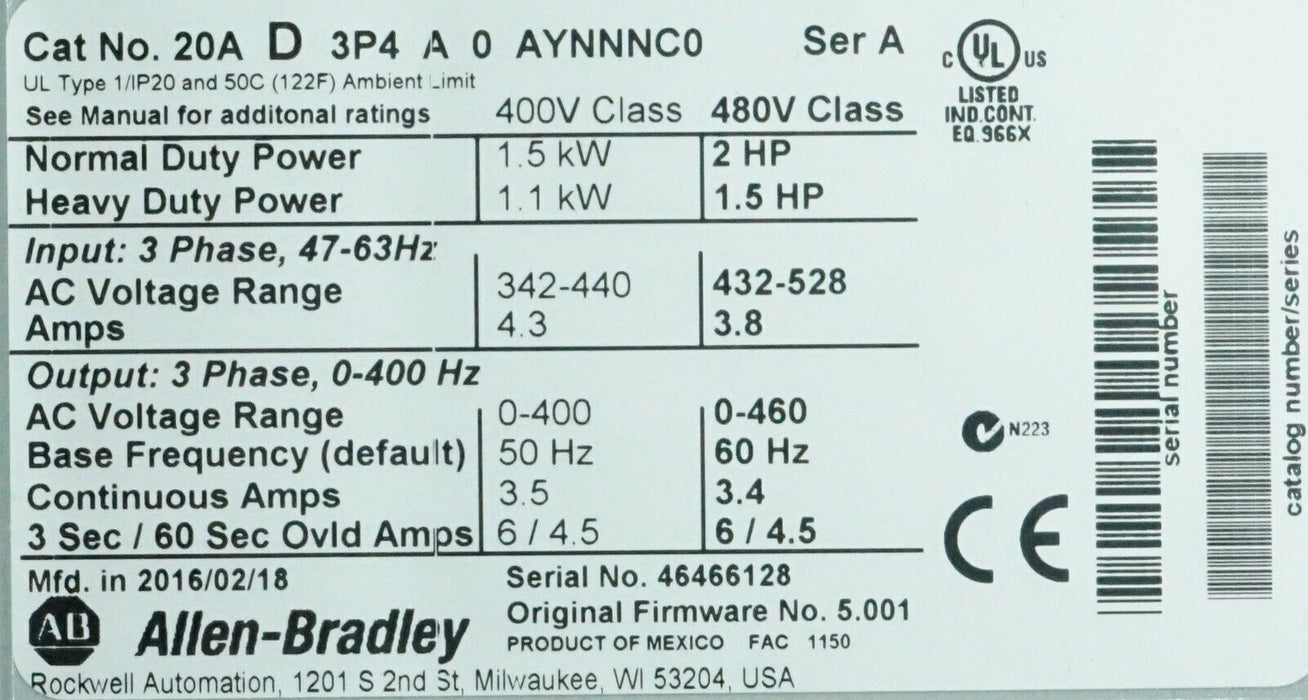 Low Hr Allen-Bradley PowerFlex 70 2 HP 20AD3P4A0AYNNNC0 480 VAC FRN 5.001 Tested