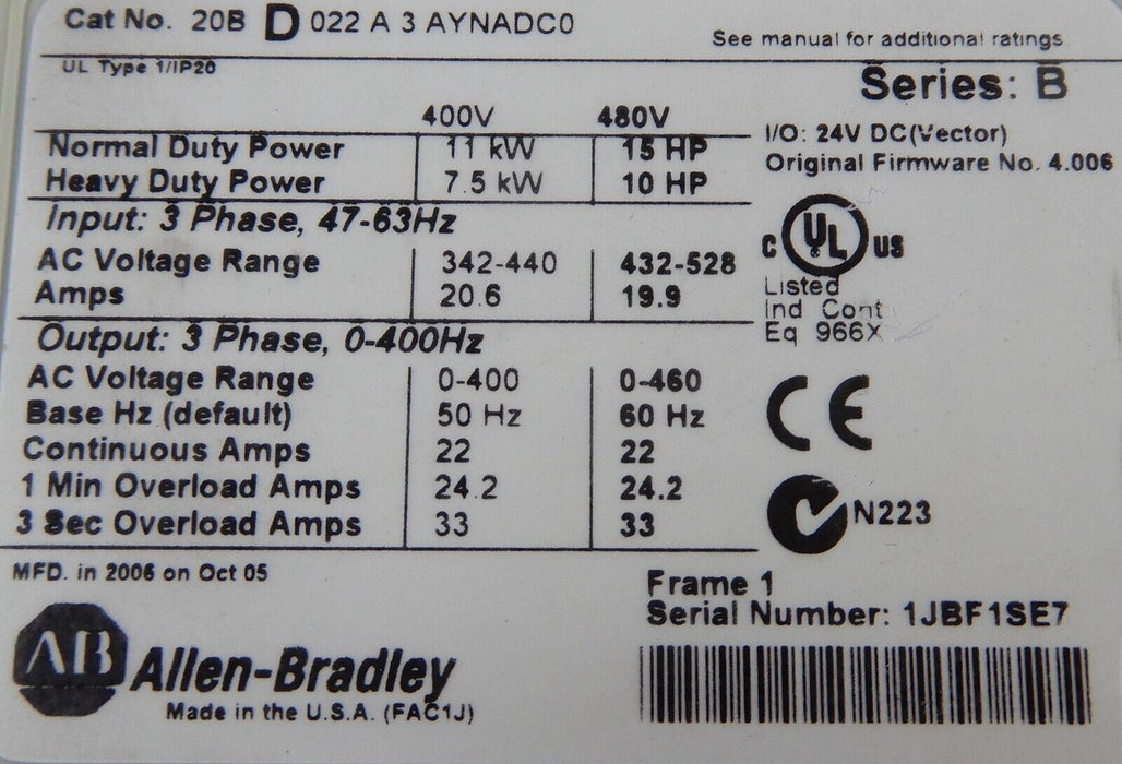 NEW Allen-Bradley PowerFlex 700 20BD022A3AYNADC0 15 HP FRN 4.006 w/20-COMM-D HMI