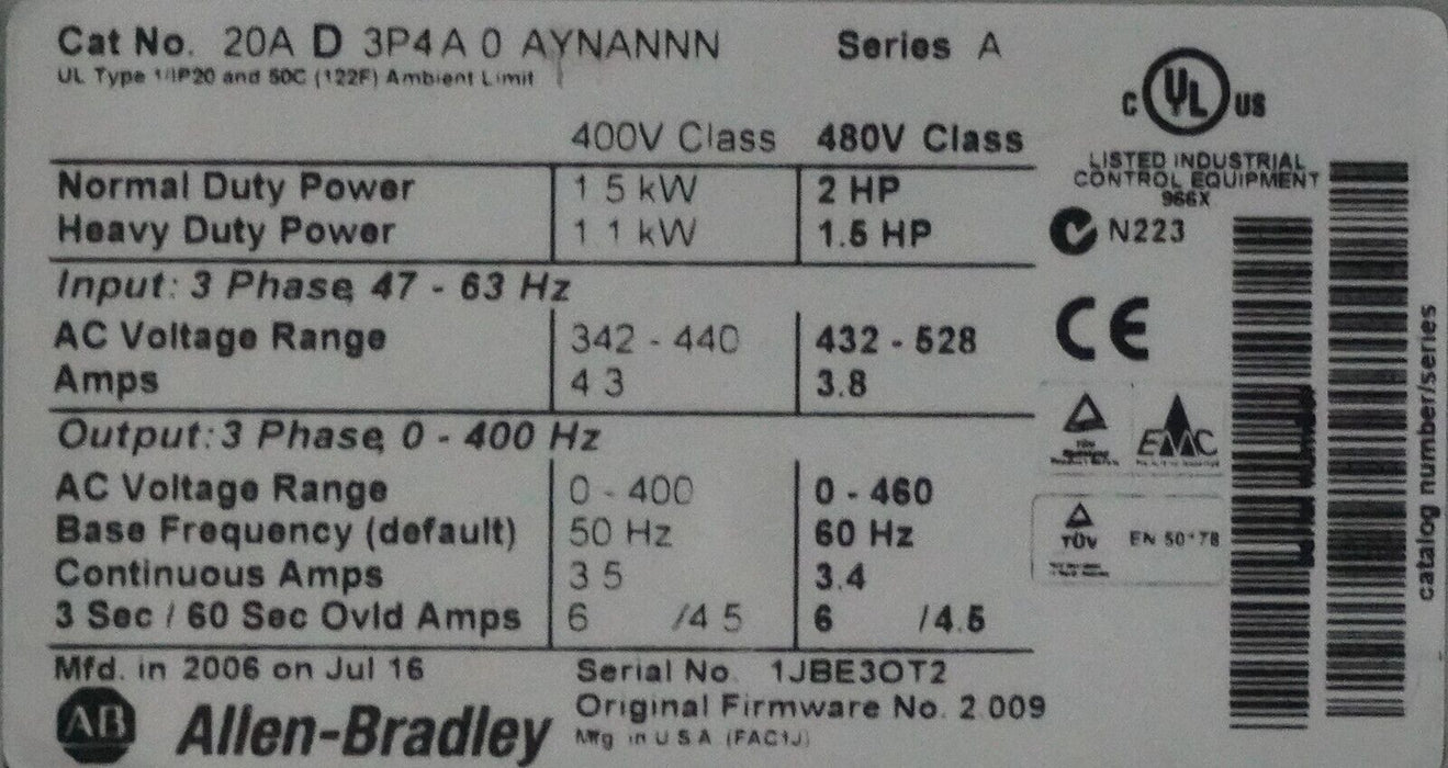 Low Hr Allen-Bradley 20AD3P4A0AYNANNN PowerFlex 70 2HP Drive Series A FRM:2.009