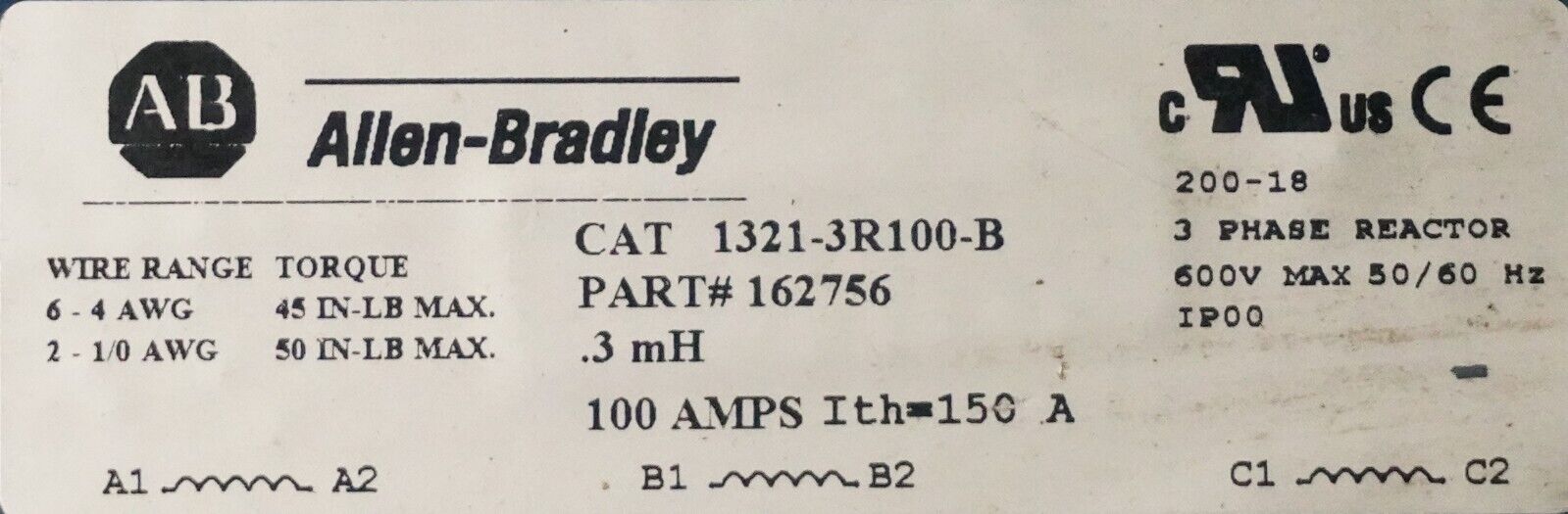 Allen Bradley 1321-3R100-B 162756 100A 0.3 mH 600V 3PH Line Reactor