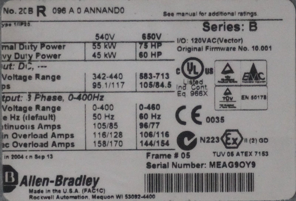 Low Hours Allen-Bradley 20BR096A0ANNAND0 75HP Series B FRN:10.001 Tested Good