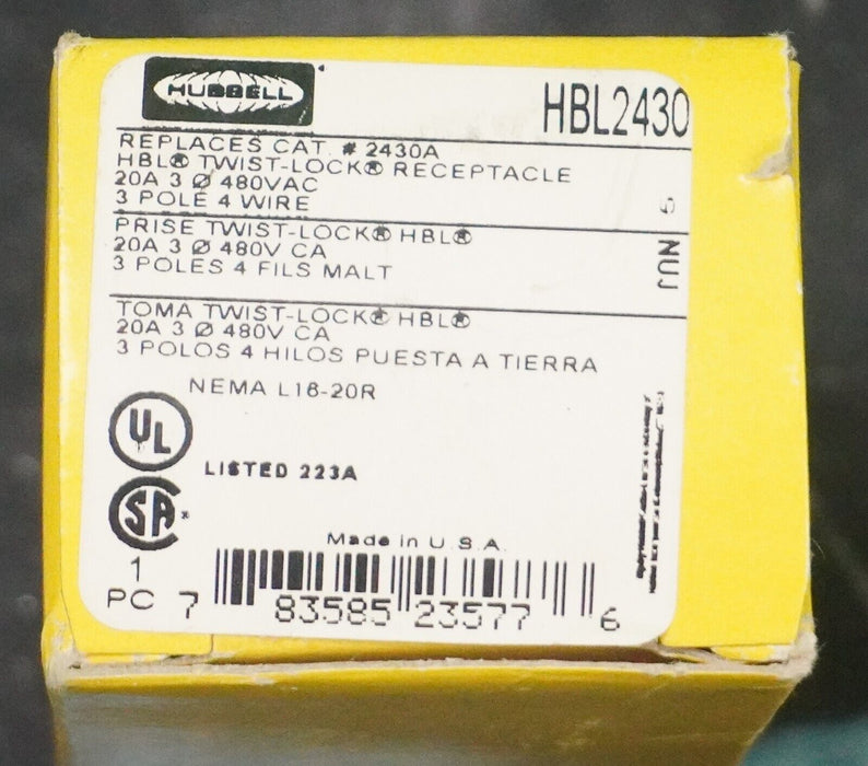 New HUBBELL HBL2430 Twist-Lock Receptacle 20A NEMA L16-20R