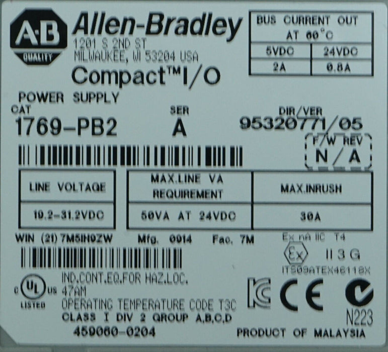 Allen Bradley 1769-PB2/A CompactLogix DC 2A/0.8A Power Supply Tested Good