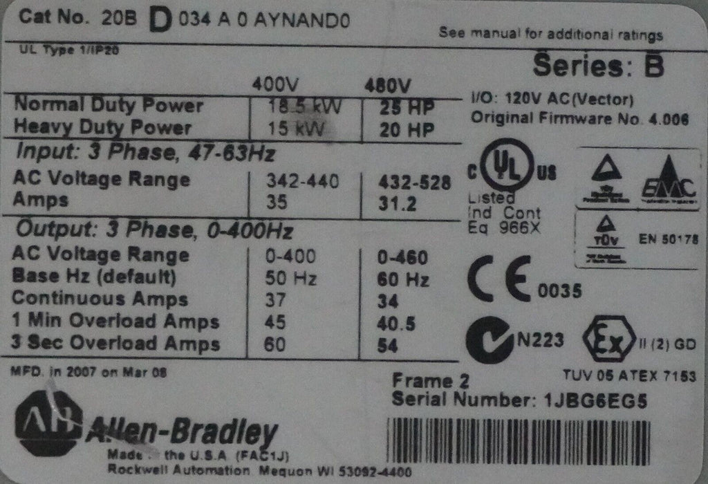 Allen-Bradley PowerFlex 700 25HP 20BD034A0AYNAND0 480VAC Tested Good  FRN:4.006