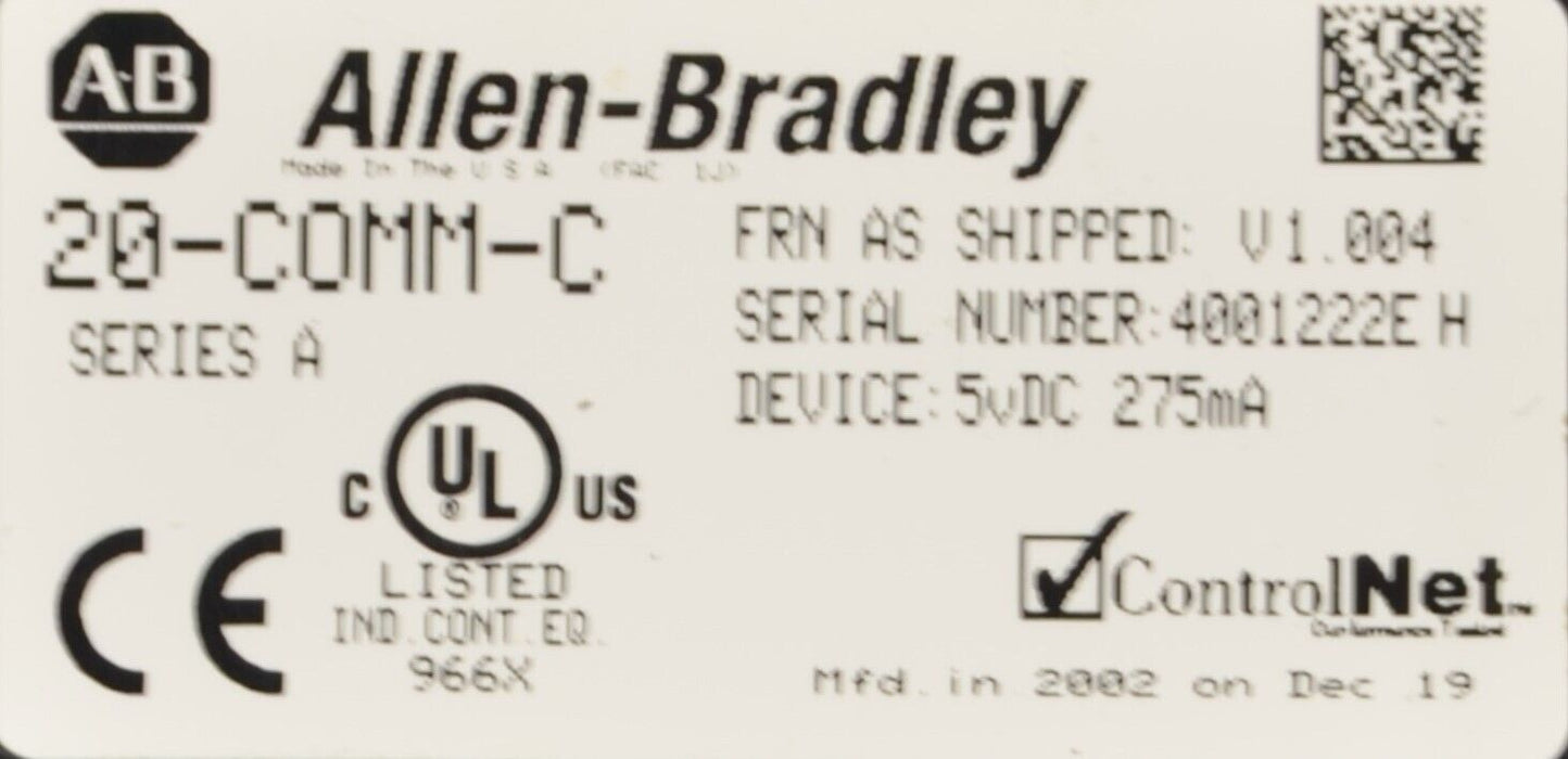 Allen-Bradley 20-COMM-C ControlNet Adapter Series A Firmware Ver. 1.004 Quantity