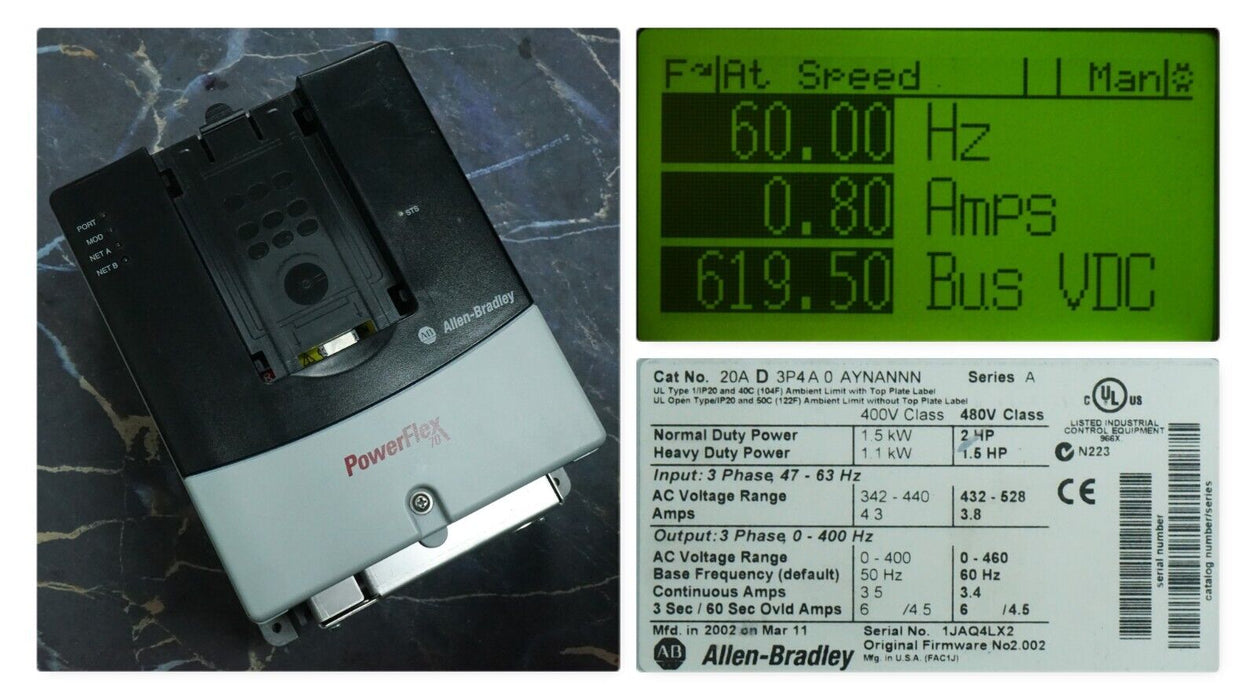 Low Hrs Allen-Bradley PowerFlex 70 2HP 20AD3P4A0AYNANNN 480VAC FRN:2.002