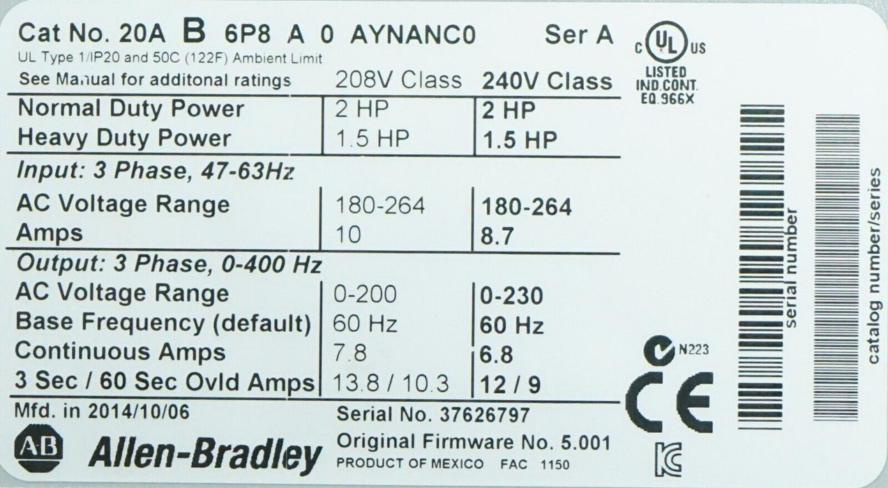 New Allen-Bradley PowerFlex 70 2 HP 20AB6P8A0AYNANC0 FRN:5.001