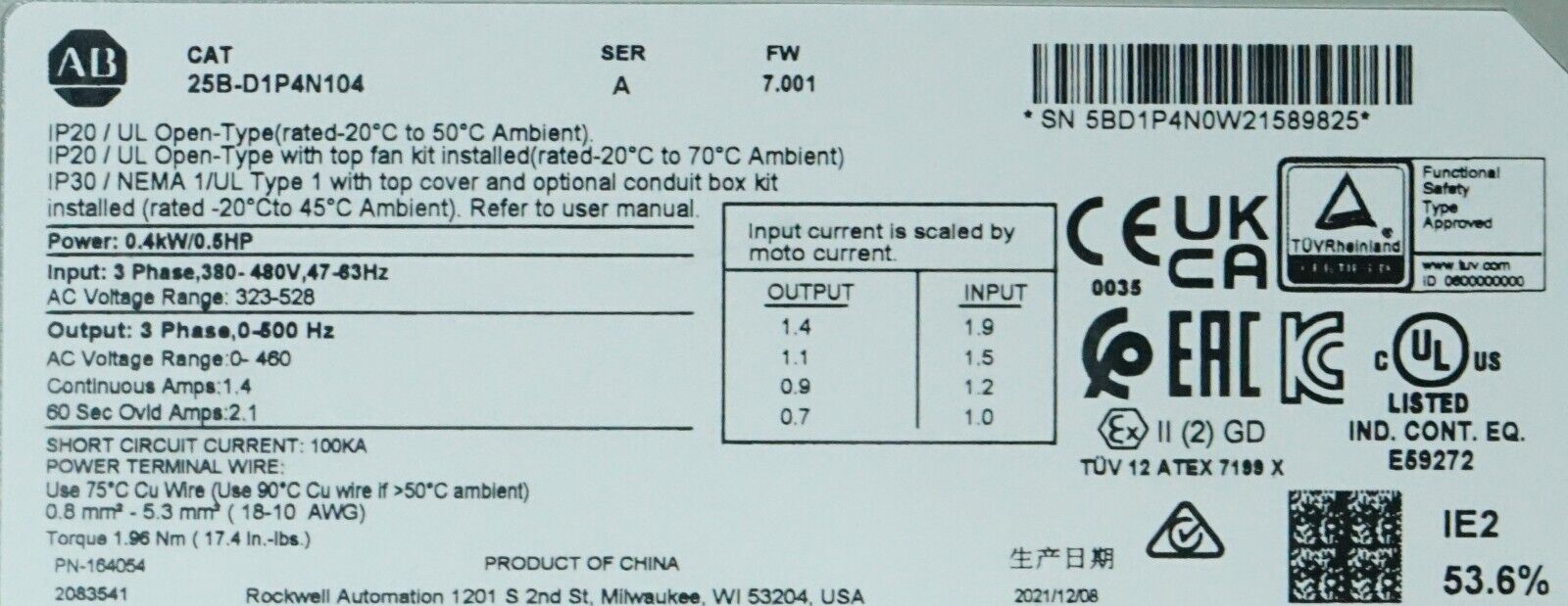 New Open Box Allen Bradley 25B-D1P4N114 1/2HP Powerflex 525 Series A FRN:7.001