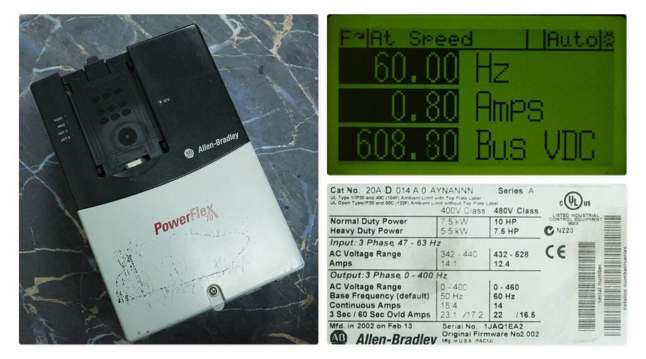 Allen Bradley PowerFlex 70 10 HP 20AD014A0AYNANNN Series A FRN:2.002 Tested Good