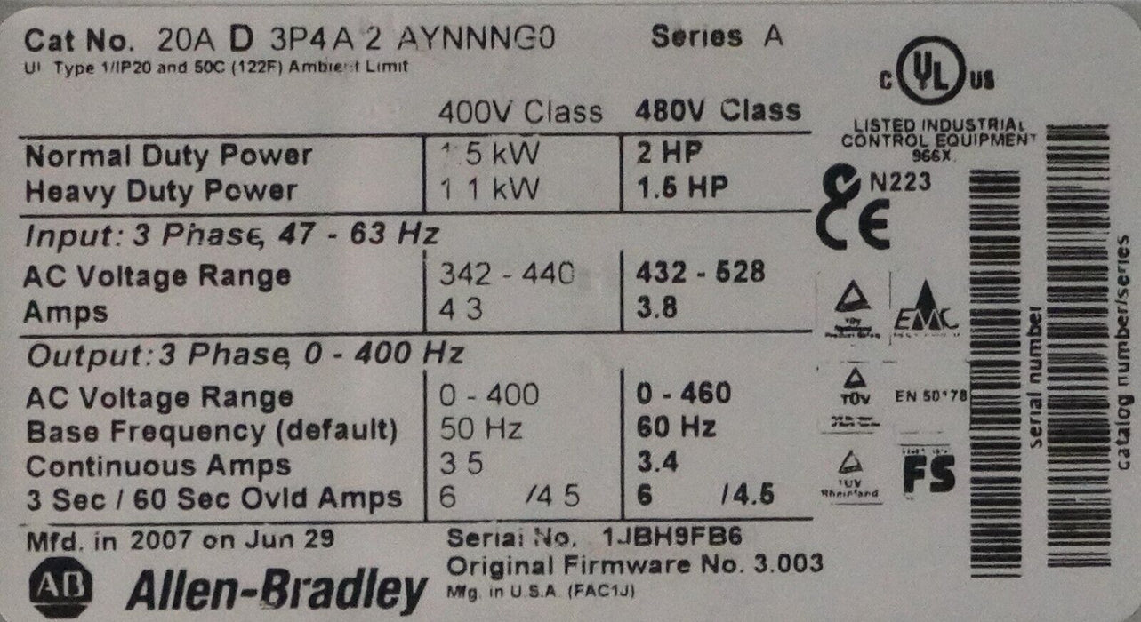 Allen-Bradley PowerFlex 70 2HP 20AD3P4A2AYNNNG0 480VAC FRN:3.003 Tested Good