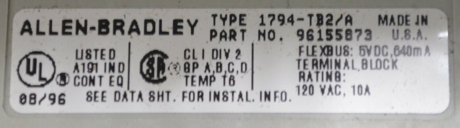 ALLEN-BRADLEY 1794-TB2/A Series A Flexbus Terminal Block 120VAC Tested Good