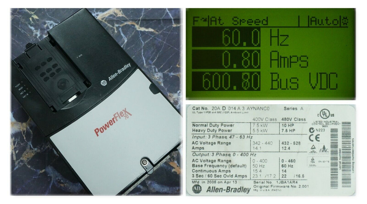 Allen-Bradley PowerFlex 70 20AD014A3AYNANC0 10HP FRN:2.001 Tested Good