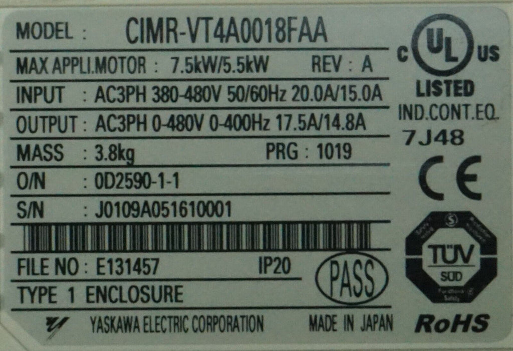 Yaskawa 10HP CIMR-VT4A0018FAA V1000 Variable Frequency Drive Tested Good