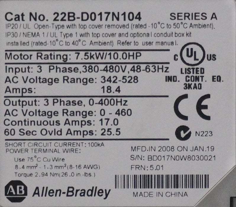 Allen-Bradley 10HP Powerflex40 22B-D017N104 Ser. A Tested Good FRN:5.01