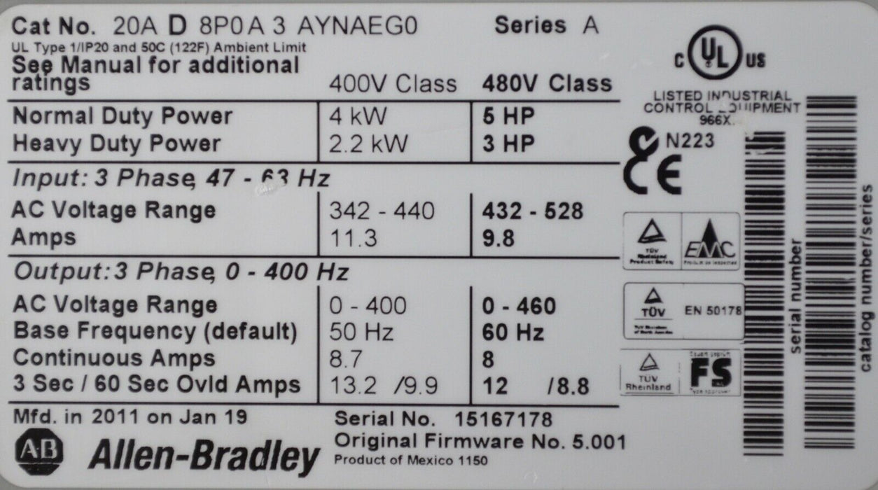 Allen-Bradley PowerFlex 70 5 HP 20AD8P0A3AYNAEG0/A 480 VAC Good Tested 5.001