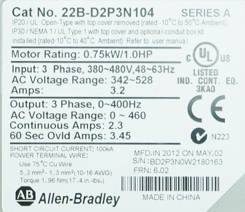 Allen Bradley 22B-D2P3N104 PowerFlex40 1HP Drive Series A Tested Good 6.02