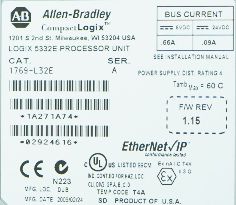 Allen-Bradley 1769-L32E Controller Tested Good FRN:1.15