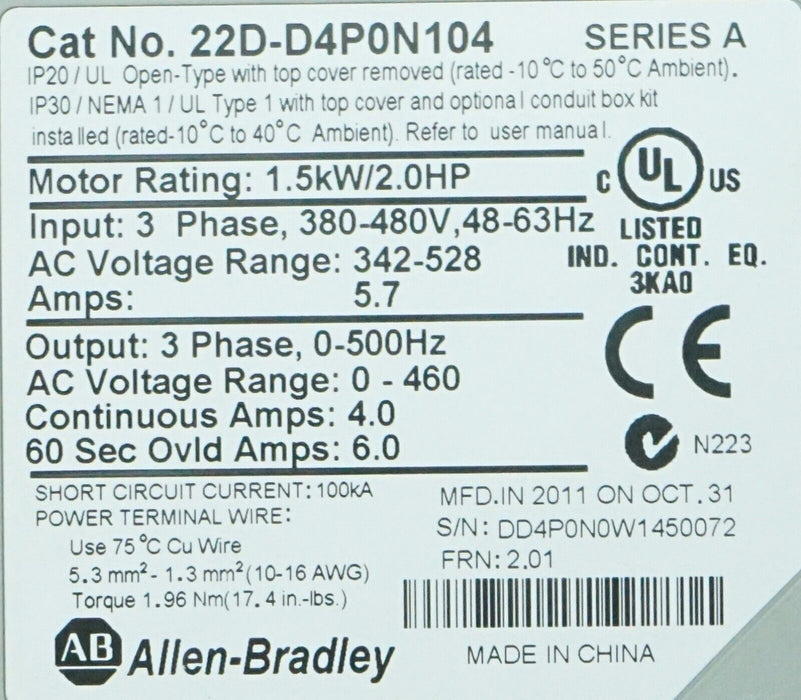 Zero Hours Allen Bradley  22D-D4P0N104 Power Flex 40P Drive 2HP Ser. A FRN: 2.01