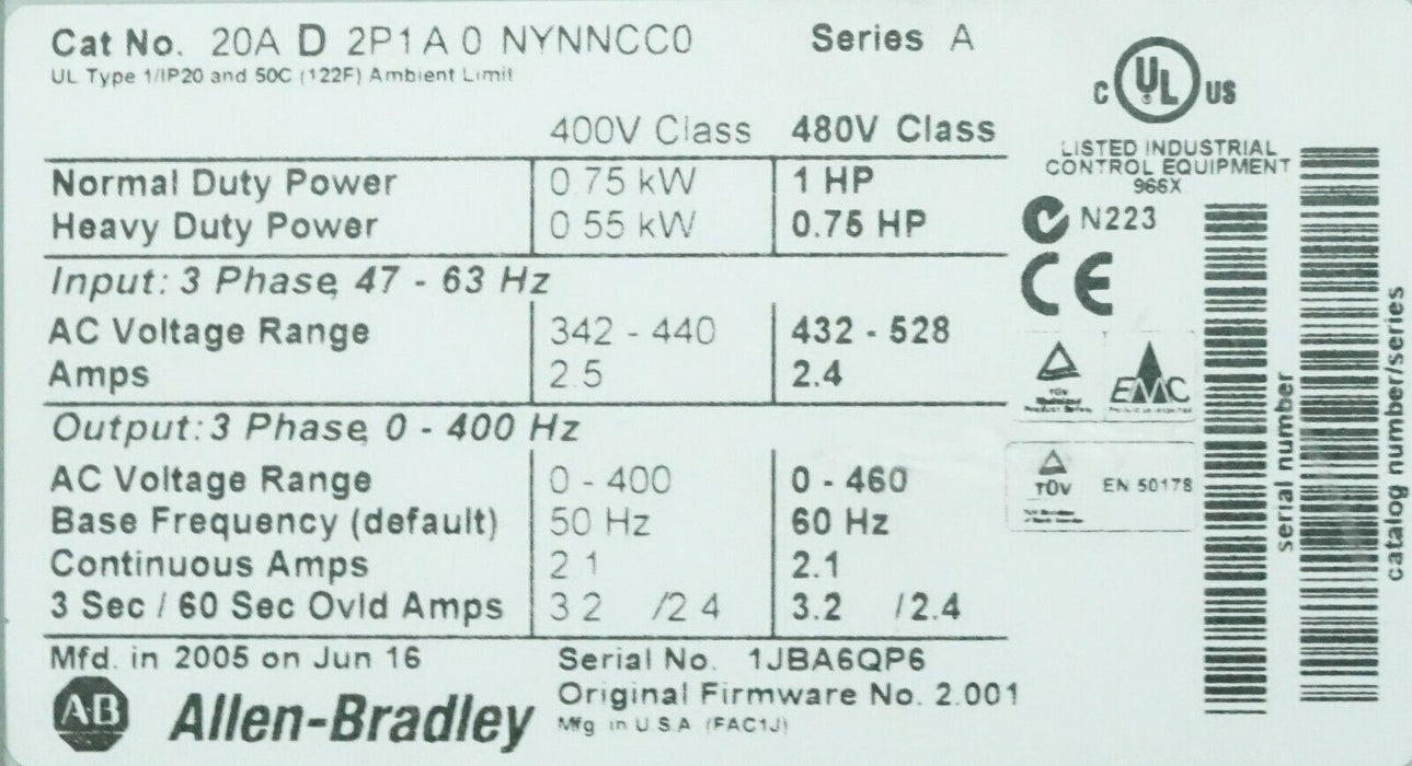 Allen-Bradley PowerFlex 70 1 HP 20AD2P1A0NYNNCC0 480 VAC FRN 2.001 Tested Good