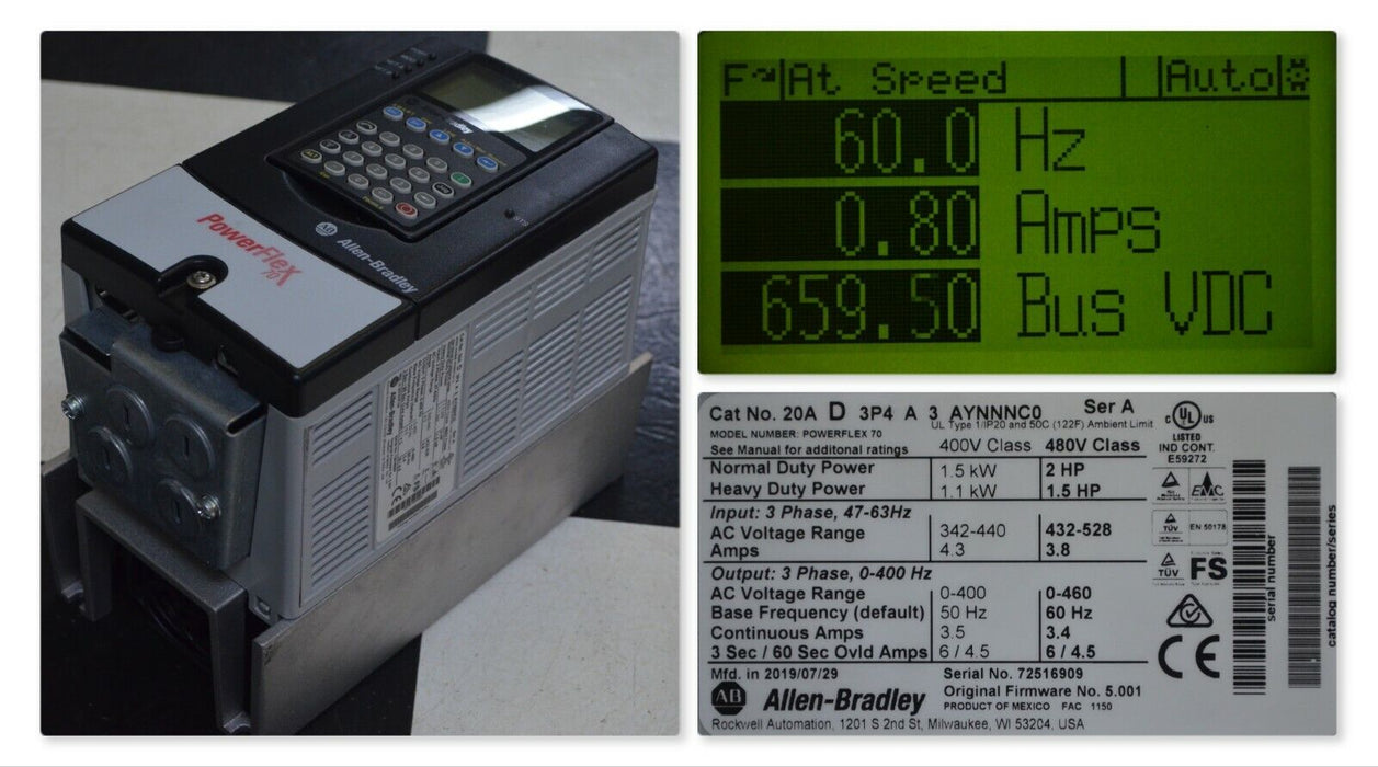 Zero Hour Allen-Bradley PowerFlex70 20AD3P4A3AYNNNC0/A 2 HP 480 VAC 3.4 AC Drive