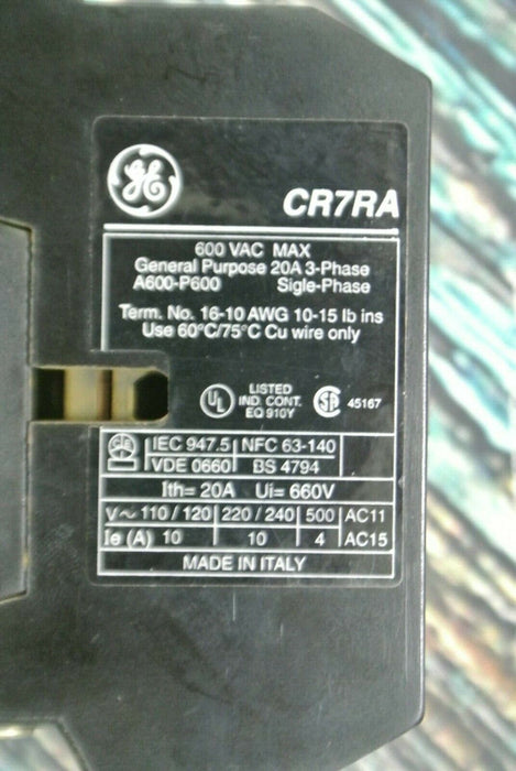 GE General Purpose Contactor, CR7RA 20AMP, 3 Phase, 600 VAC