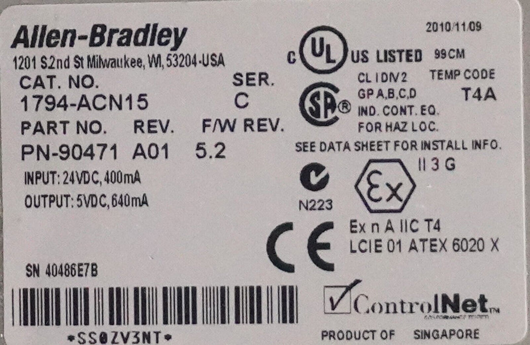 ALLEN BRADLEY 1794-ACN15 SER.C  ADAPTER MODULE FW:5.2