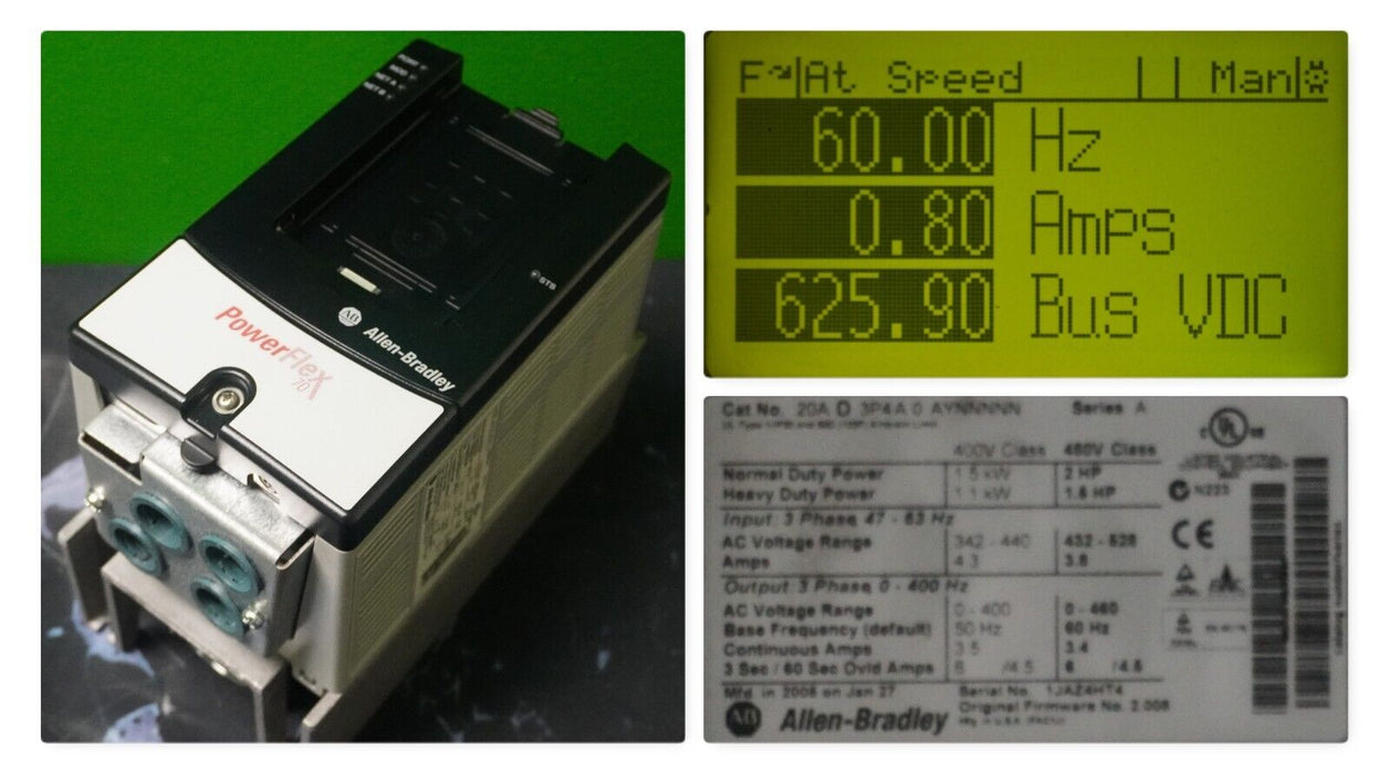 Allen-Bradley PowerFlex 70 2HP 20AD3P4A0AYNNNNN 480 VAC Clean Tested FRN:2.008