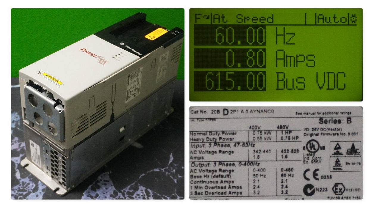 37 available Allen-Bradley PowerFlex 700 1 HP 20BD2P1A0AYNANC0 Ser. B FRN:9.001