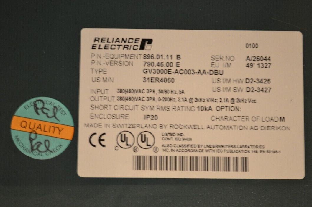 RELIANCE ELECTRIC GV3000E-AC003-AA-DBU SENSORLESS ENHANCED AC DRIVE 896.01.11 B