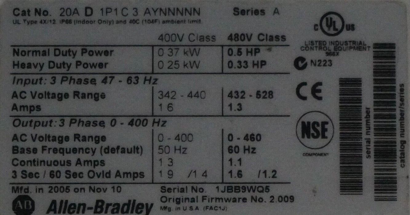 Allen-Bradley PowerFlex 70 1/2 HP 20AD1P1C3AYNNNNN Series A 480VAC Tested Good