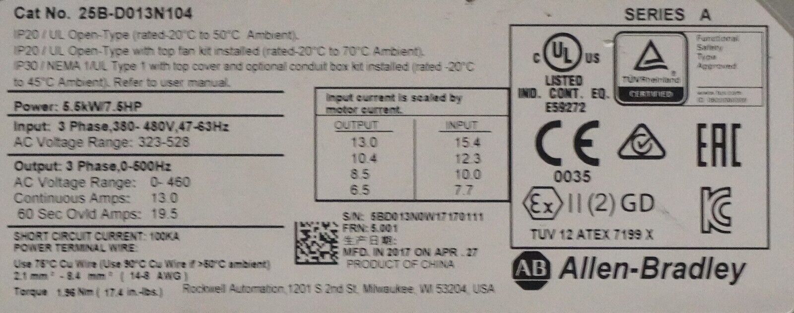 Low Hr Allen Bradley 25B-D013N104 7.5HP Powerflex 525 Series A FRN:5.001