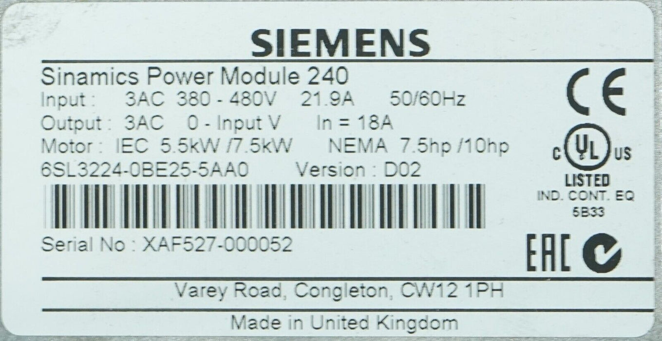 New Siemens 6SL3224-0BE25-5AA0 7.5HP Sinamics Power Module 240