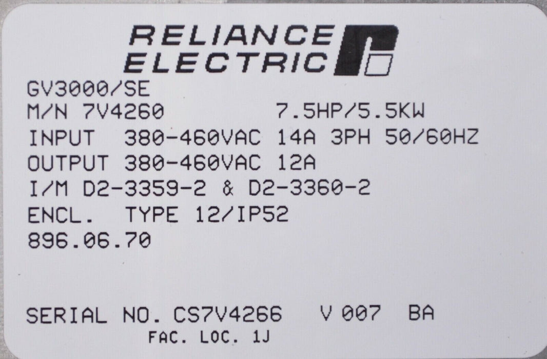 Reliance Electric GV3000/SE 7V4260 AC Drive 7.5HP/5.5KW 380-460V 14A 3Ph