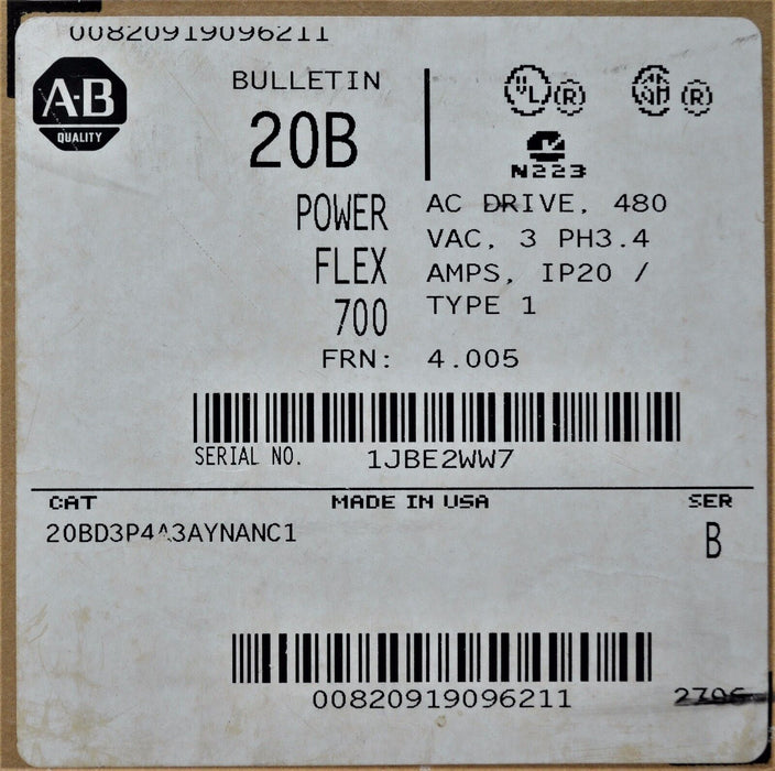 NEW Allen-Bradley PowerFlex 700 2 HP 20BD3P4A3AYNANC1 480 VAC With HMI & Encoder