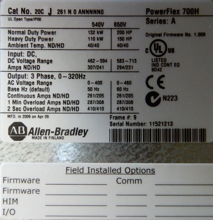 New Allen-Bradley 20CJ261N0ANNNNN0 PowerFlex 700H 200HP 650VDC 261 Amp Ser A