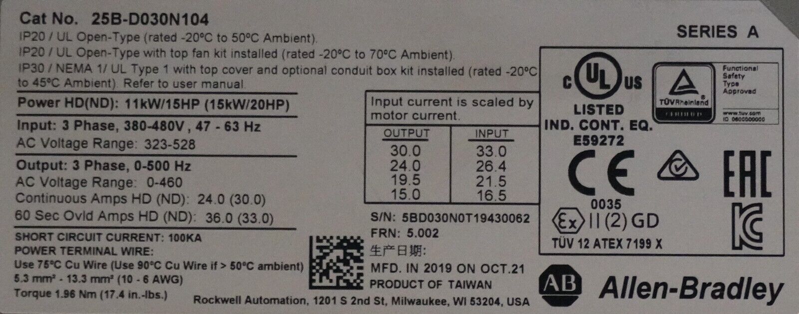 2019 Allen Bradley 25B-D030N104 20HP Powerflex 525 Series A FRN:5.002