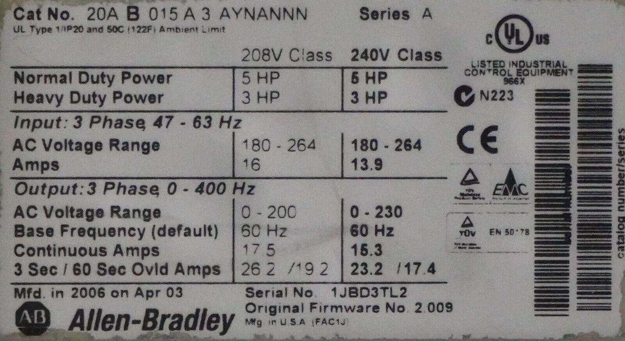 Allen-Bradley PowerFlex 70 5HP 20AB015A3AYNANNN 240VAC FRN:5.001