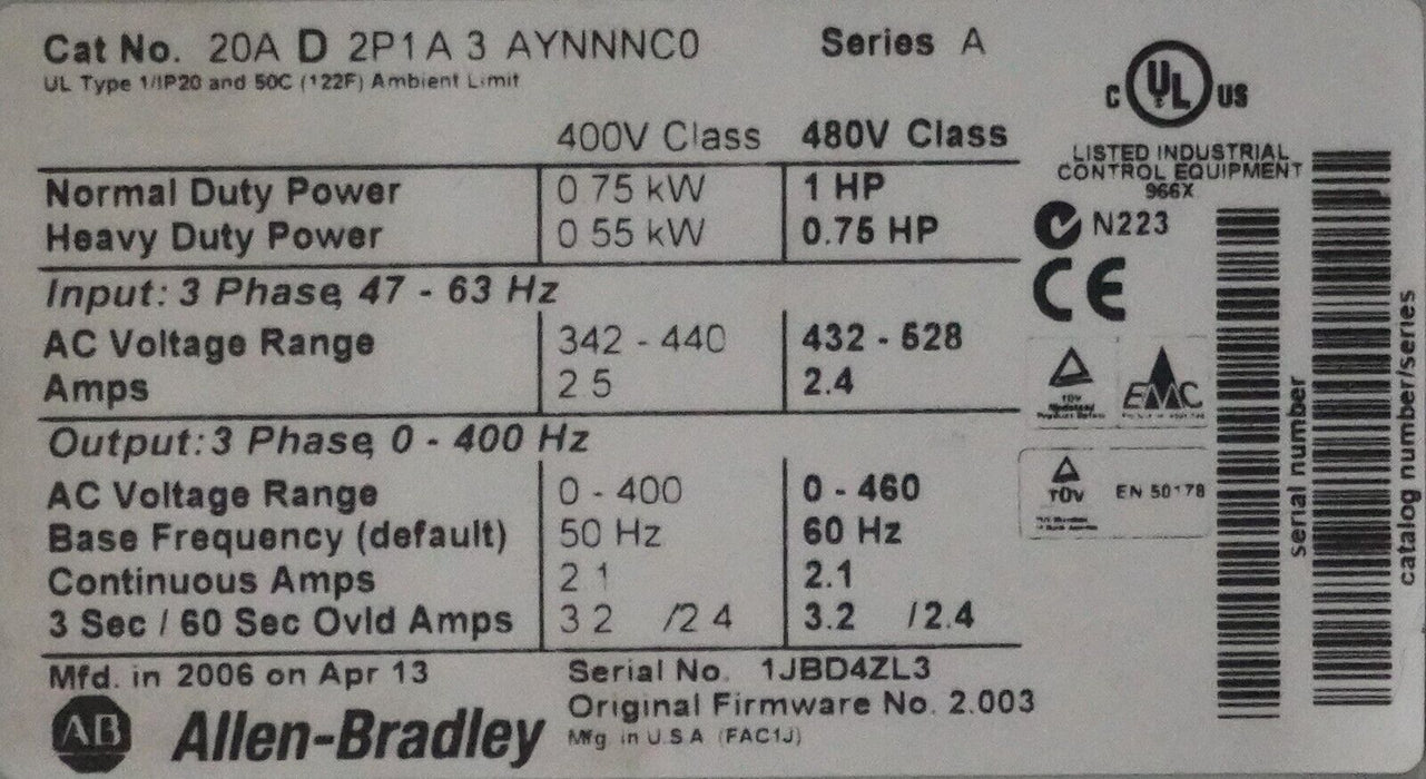 Allen-Bradley PowerFlex 70 1 HP 20AD2P1A3AYNNNC0 480 VAC FRN 2.003 Tested Good