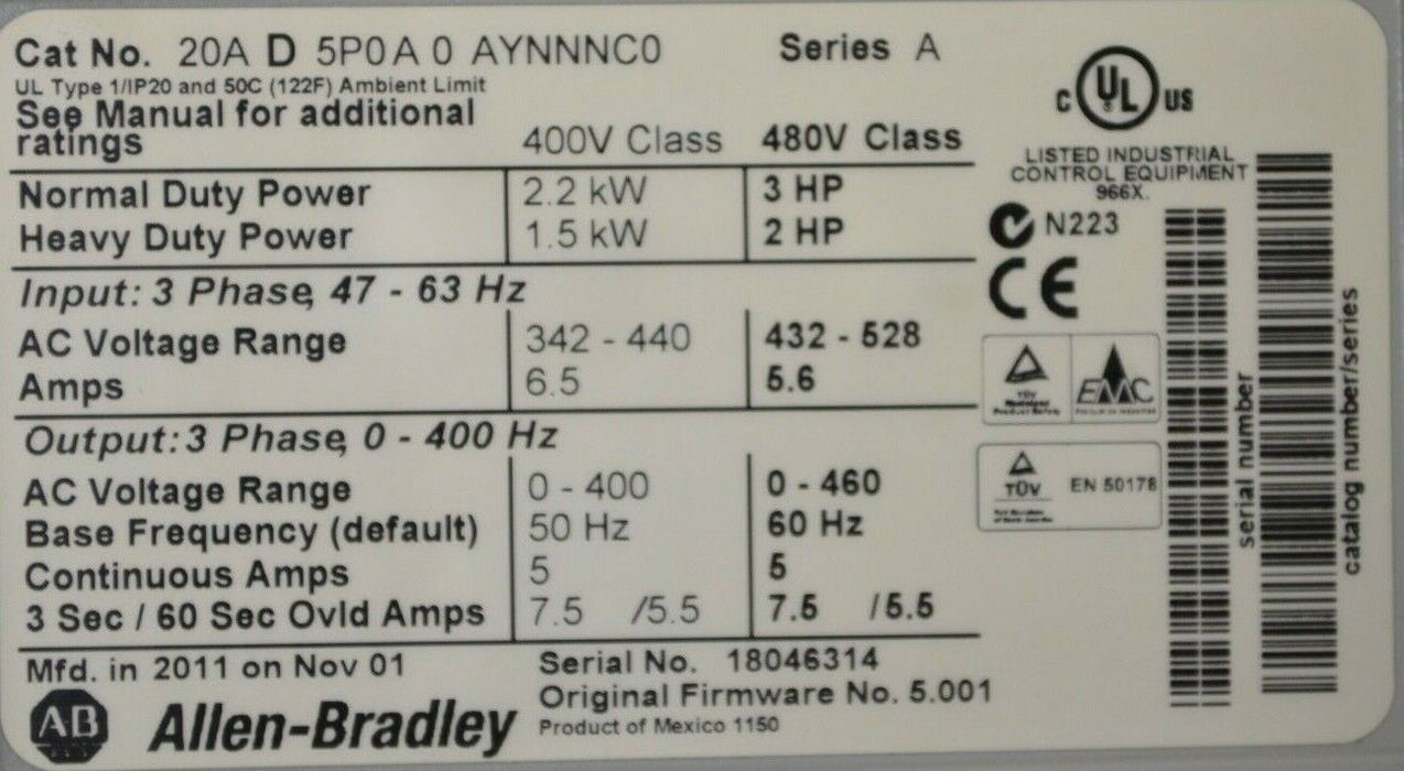 Allen-Bradley PowerFlex 70 3 HP 20AD5P0A0AYNNNC0 480VAC - Tested Good Low Hours