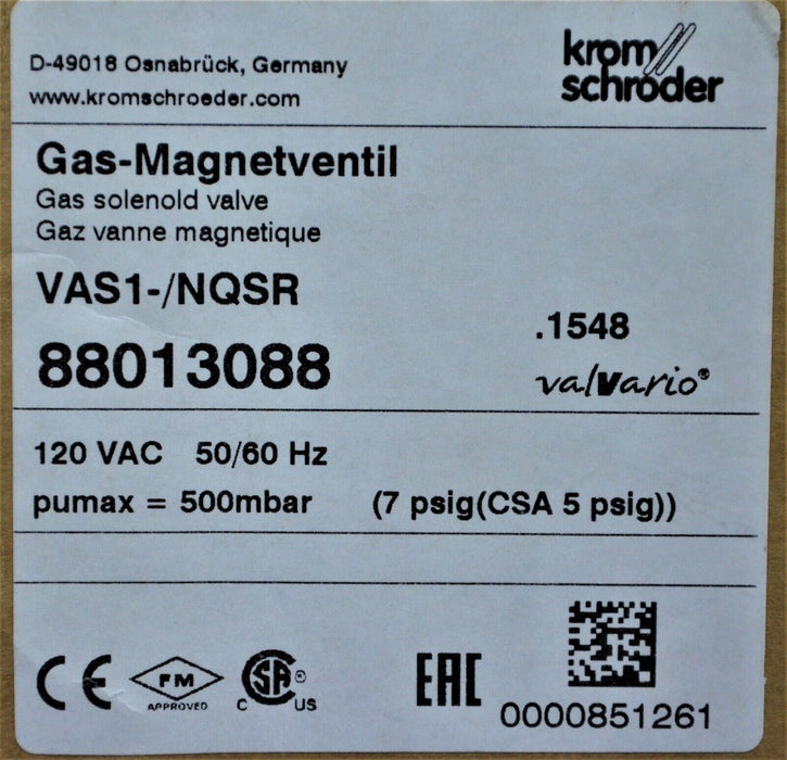 New Krom Schroder VAS1-/NQSR Gas Valve 88013088 VAS125N/NQSR W/1" NPT Flanges